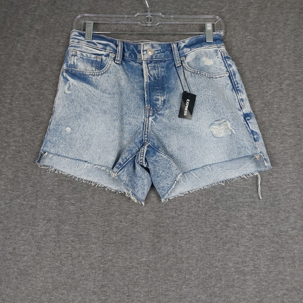 EXPRESS JEANS WOMENS BLUE BOYFRIEND MIDI ACID WASH DISTRESSED DENIM SHORTS SZ 0